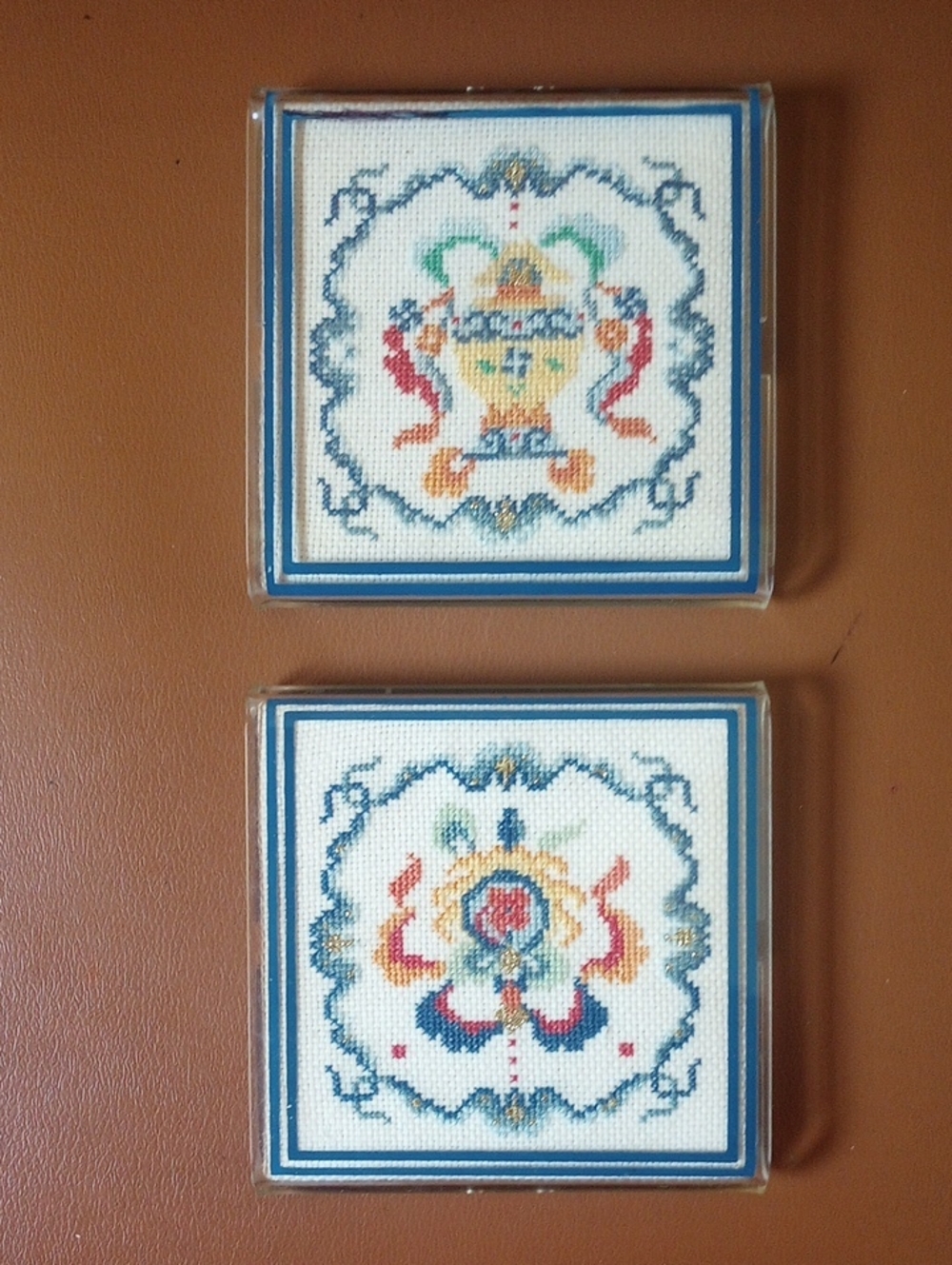 2 Mini Embroidered Vtg Cross Stitch Samplers. Red Blue Yellow Gold Green Orange